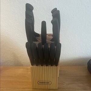 Farberware Black Knife Set with Light Wood Block